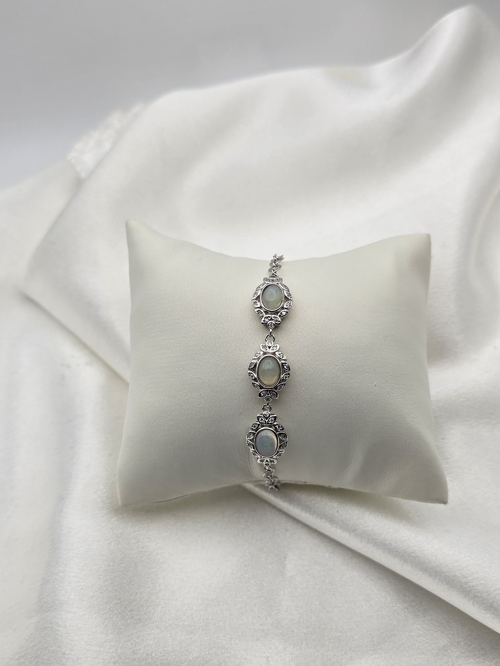 Rhodium Over Sterling Silver 925 Natural Opal Diamond Cut Link Bracelet